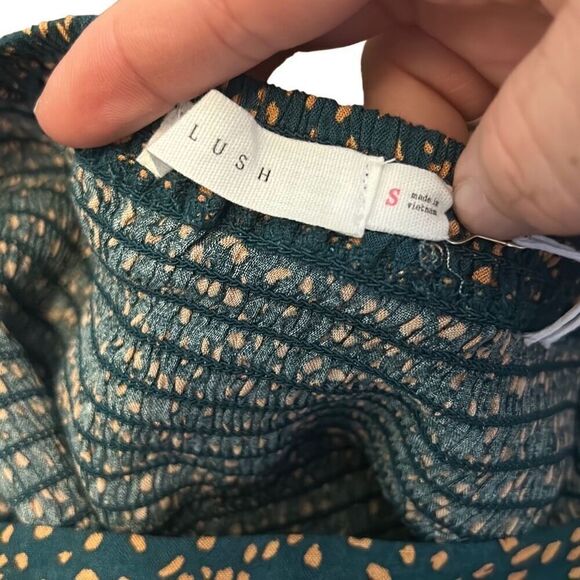 Square Neck 3/4 Sleeve Smocked Blouse Teal Gold Print Elegant Casual Top - Picture 4 of 6